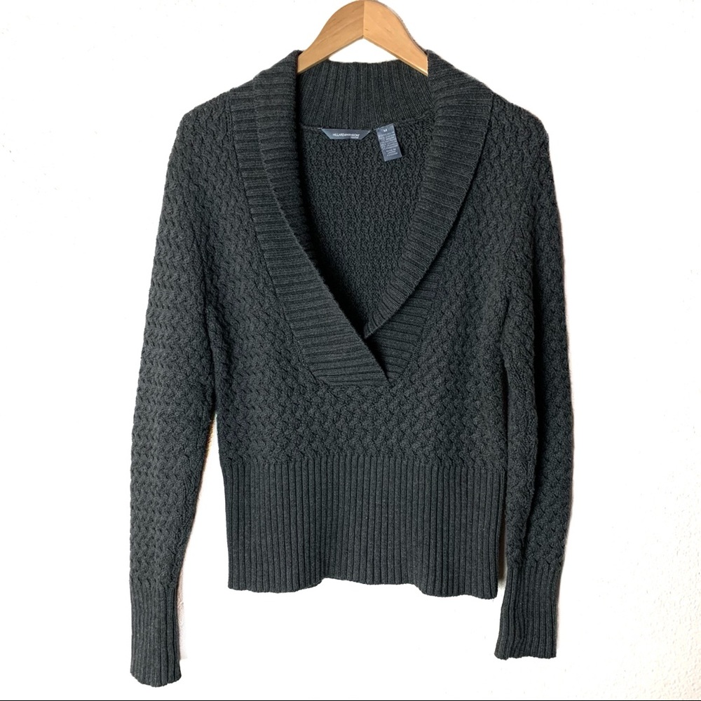 VTG 90’s HILLARD HANSEN charcoal grey chunky knit Sweater Sz M fold over collar
